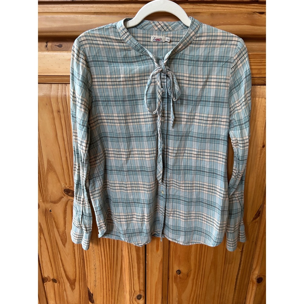 Faherty the Daphne Blue Plaid Tie Neck Cotton Button Down Blouse Shirt Small